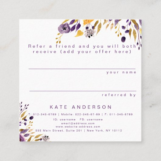 Référez-vous une carte florale pourpre de client (Dos)