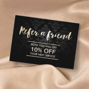 Referral kaartje Elegant Dark Damask Gold Script