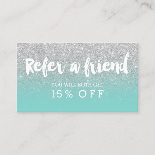 Referral-kaarttypografie zilverglitterturquoise aanbevelingskaartje (Voorkant)