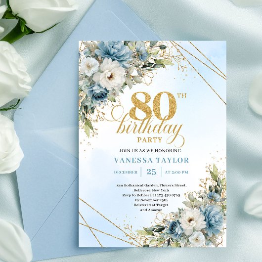 Refined 80th Birthday Invitation Boho Blue White 