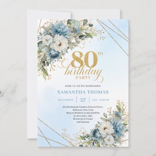 Refined 80th Birthday Invitation Boho Blue White Kaart (Voorkant)