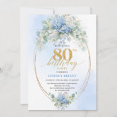 Refined Blue Floral Gold 80th Birthday Invitation (Devant)