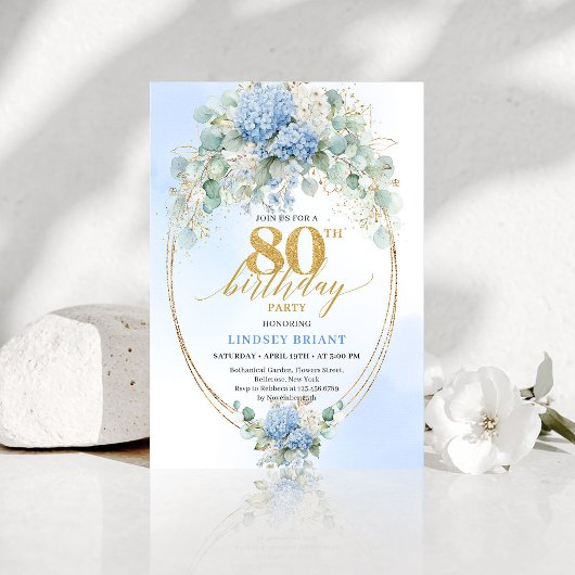 Refined Blue Floral Gold 80th Birthday Invitation