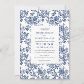 Refined Blue Floral Toile Classic Wedding Invite Kaart (Voorkant)