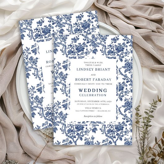 Refined Blue Floral Toile Classic Wedding Invite Kaart