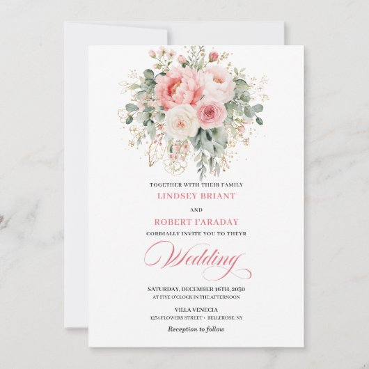 Refined Blush Floral Gold Wedding Invitation Kaart (Voorkant)