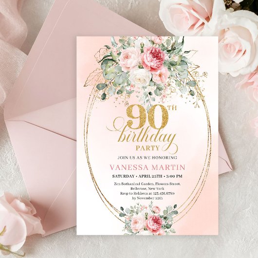 Refined Blush Roses Gold Minimal 90th Birthday  Kaart