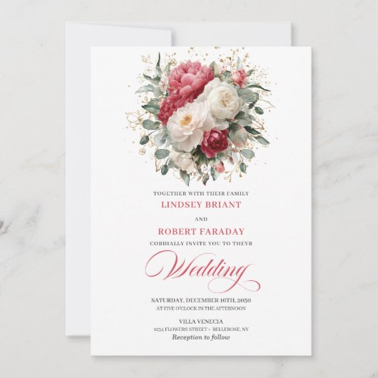 Refined Bohemian Ruby Red White Gold Invitation (Devant)