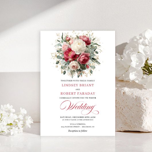Refined Bohemian Ruby Red White Gold Invitation