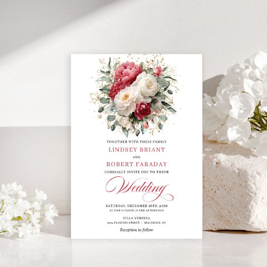 Refined Bohemian Ruby Red White Gold Invitation