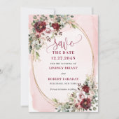 Refined Boho Maroon Blush Gold Floral Save Date Kaart (Voorkant)