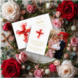 Refined Botanical Cross in Red Tones Photo Baptism Kaart