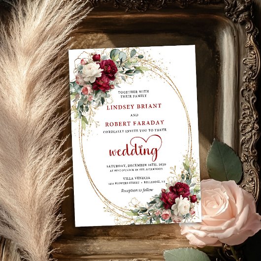Refined Burgundy Boho Floral Wedding Invitation Kaart