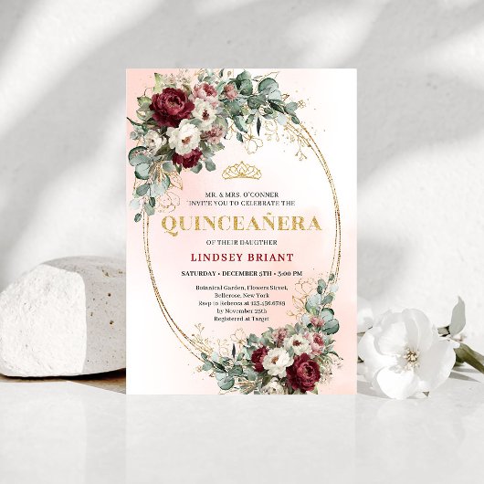 Refined Marsala Floral Gold Quinceañera Invitation