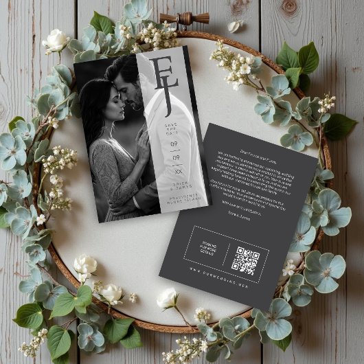 Refined Minimalist Grey Photo Card Wedding Initial Save The Date