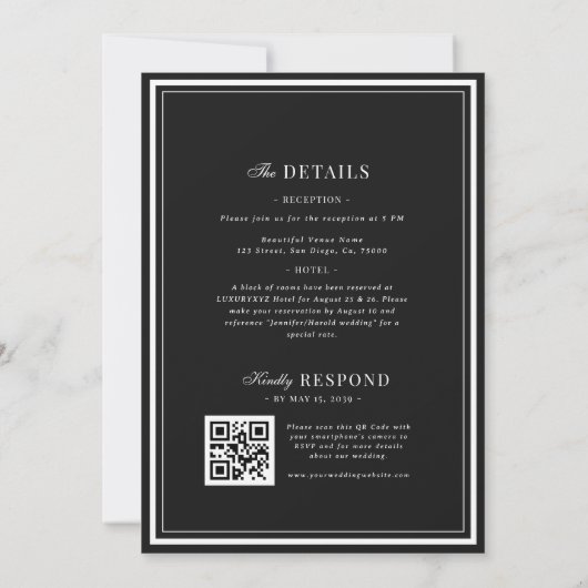 Refined Script Black White QR Code Details Wedding Kaart (Achterkant)