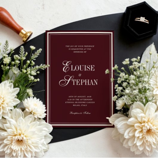 Refined Script Burgundy QR Code Details Wedding Kaart
