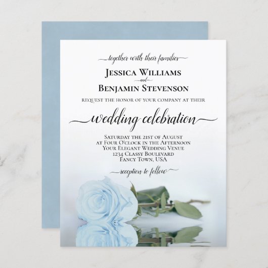 Reflecterende Dusty Blue Roos BUDGET Wedding Invit (Voorkant / Achterkant)
