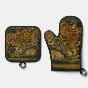 Reflecterende Jaguar – Serene Wildlife Art Print Ovenwant & Pannenlap Set