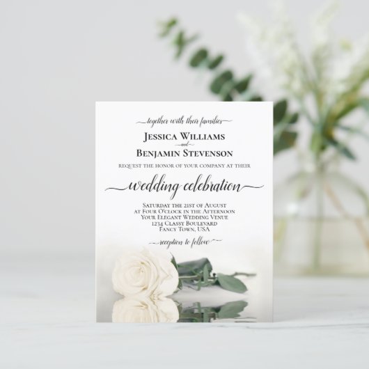 Reflecterende White Rose BUDGET bruiloft uitnodigi (Staand voorkant)