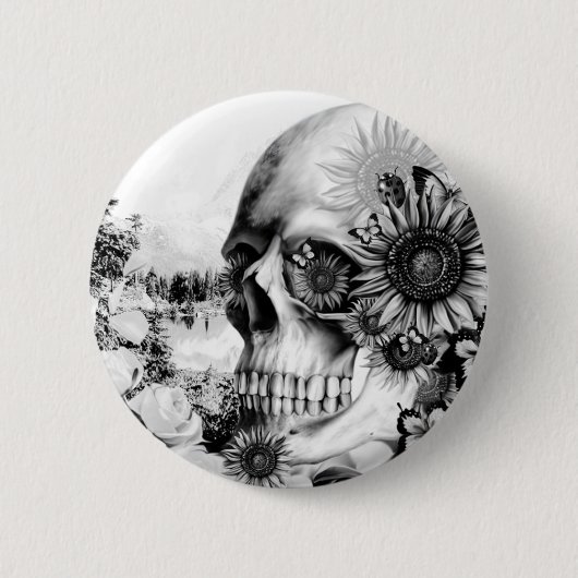 Reflectie. Florale landschapskull. Ronde Button 5,7 Cm (Voorkant)