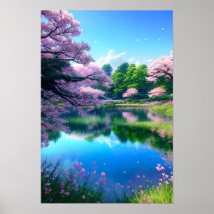 Reflectie op het meer van Blue Sky Poster