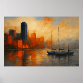 Reflections of Ember Bay Cityscape Poster
