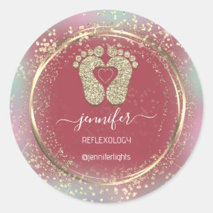 Reflexology Heart Feet Holograph Gold Glitter Ronde Sticker