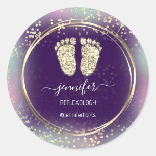 Reflexology Heart Feet Holograph Gold Lijst Paars Ronde Sticker
