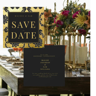 Regal Black & Gold Damask Wedding Bewaar de datum Save The Date