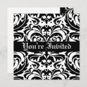 Regal Black & White Damask Scroll Invitation Kaart (Voorkant / Achterkant)
