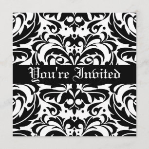 Regal Black & White Damask Scroll Invitation Kaart