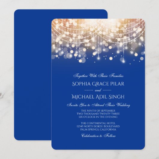 Regal Blue and Gold Bokeh Lights Invitation Kaart (Voorkant / Achterkant)