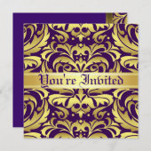 Regal Gold Metal Damask Paarse Scroll Uitnodiging (Voorkant / Achterkant)