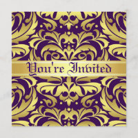 Regal Gold Metal Damask Paarse Scroll Uitnodiging