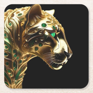 Regal Grace: De gouden jaguar versierd met smaragd Vierkante Kartonnen Onderzetter