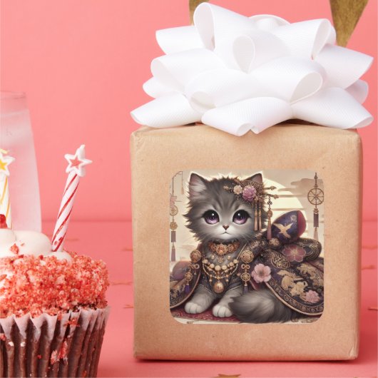 Regal Kimono Princess Cat Vierkante Sticker (Feest)