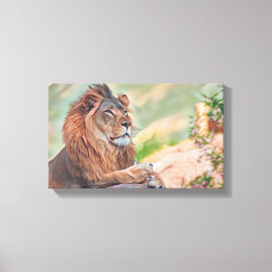 Regal Lion Sunbathing met Flowers Graphic Art Canvas Afdruk