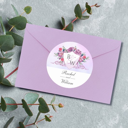 Regal Monogram Shield & Floral Wedding Sticker