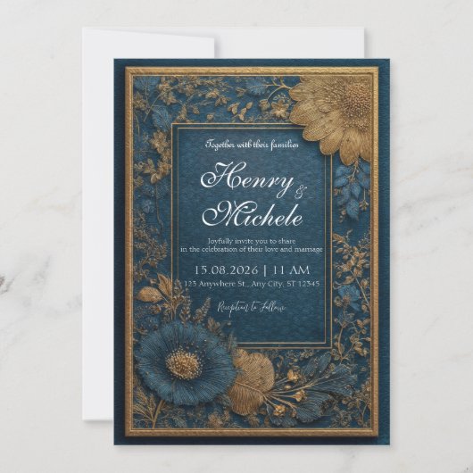 Regal Navy et Gold Floral Faire-part de mariage (Devant)