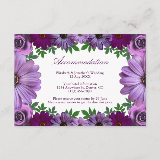 Regal Paars Floral Wedding Accommodatie Informatiekaartje (Voorkant)