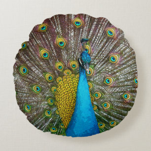 Regal Peacock met Blauwgroen Blue en Gold Plumage Rond Kussen