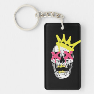 Regal Skull: Roze X-Eyed gekroonde kunst Sleutelhanger