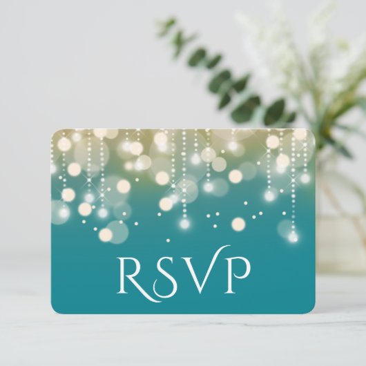 Regal Turquoise en Gold Bokeh Lights RSVP (Staand voorkant)