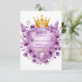Regal Violet Floral Crest Wedding Carte RSVP (Debout devant)