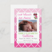 Regardez Whooo's Arrived Pink- 3x5 Faire-part de n (Devant / Derrière)