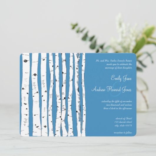 Regatta Blue Birch Tree Wedding Invitations (Debout devant)