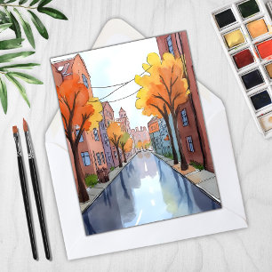 Regenacht in Boston   Watercolor MA Reis Kaart