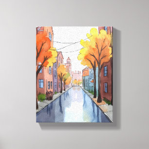 Regenacht in Boston Watercolor MA Schilderij Canvas Afdruk