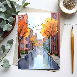 Regenacht in Boston   Waterverf MA Reis Briefkaart